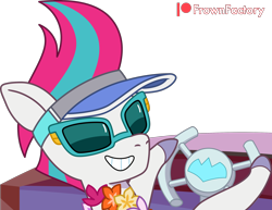Size: 2584x2000 | Tagged: safe, artist:frownfactory, zipp storm, pegasus, pony, g5, my little pony: tell your tale, ponytropico, spoiler:g5, spoiler:my little pony: tell your tale, spoiler:tyts01e52, baseball cap, cap, female, flower, grin, hat, high res, looking at you, looking back, mare, marestream, simple background, smiling, smiling at you, solo, steering wheel, sunglasses, transparent background, vector, wreath