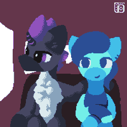 Size: 800x800 | Tagged: safe, artist:vohd, oc, oc only, oc:ex, oc:igalop, pegasus, pony, unicorn, animated, biting, bus, chest fluff, ear bite, ear piercing, frame by frame, gif, giggling, hologram, oc x oc, piercing, pixel art, shipping, surprised