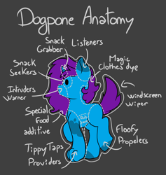 Size: 3170x3350 | Tagged: safe, artist:noxi1_48, oc, oc only, oc:creatio, dog, dog pony, original species, pony, unicorn, daily dose of friends, anatomy chart, anatomy guide, chart, gray background, high res, paws, simple background, solo, standing