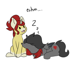 Size: 3152x2545 | Tagged: safe, artist:noxi1_48, oc, oc only, oc:treble pen, bat pony, pony, unicorn, daily dose of friends, duo, high res, lying down, onomatopoeia, open mouth, simple background, sitting, sleeping, sound effects, transparent background, zzz