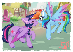 Size: 4093x2894 | Tagged: safe, artist:jubyskylines, rainbow dash, twilight sparkle, alicorn, pegasus, pony, g4, blushing, boop, chest fluff, colored ear fluff, colored hooves, colored wings, colored wingtips, cute, dashabetes, dialogue, duo, duo female, ear fluff, eye clipping through hair, eyes closed, female, flying, folded wings, heartbeat, high res, horn, lesbian, mare, multicolored wings, noseboop, open mouth, open smile, outdoors, passepartout, ponyville, raised hoof, raised leg, ship:twidash, shipping, side view, signature, smiling, spread wings, tongue out, twiabetes, twilight sparkle (alicorn), unshorn fetlocks, wings