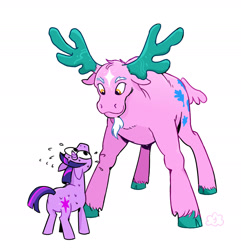 Size: 2048x2128 | Tagged: safe, artist:cracklewink, oakly, twilight sparkle, moose, pony, unicorn, g1, g4, antlers, cloven hooves, coat markings, facial hair, facial markings, goatee, height difference, high res, looking down, looking up, pony friends, simple background, size difference, star (coat marking), sweat, sweating profusely, unicorn twilight, white background