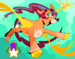 Size: 2048x1614 | Tagged: safe, artist:cracklewink, sunny starscout, alicorn, pony, g5, alternate cutie mark, alternate hairstyle, artificial horn, artificial wings, augmented, coat markings, colored eyebrows, colored hooves, colored pupils, facial markings, female, flying, gold hooves, happy, hooves, horn, magic, magic horn, magic wings, mare, mealy mouth (coat marking), open mouth, open smile, pale belly, race swap, redesign, smiling, socks (coat markings), solo, sunnycorn, wings