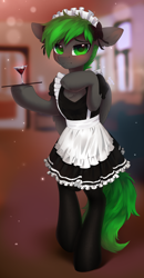 Size: 2128x4096 | Tagged: safe, alternate version, artist:anku, oc, oc only, oc:bytewave, pegasus, semi-anthro, alcohol, arm hooves, blurry background, blushing, chest fluff, clothes, commission, crossdressing, dress, ear blush, eye clipping through hair, eyebrows, eyebrows visible through hair, fishnet stockings, floppy ears, flustered, glass, hock fluff, looking at you, maid, maid headdress, male, pegasus oc, signature, solo, stallion, stockings, thigh highs, unshorn fetlocks, wine, wine glass, ych result