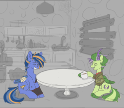 Size: 2000x1747 | Tagged: safe, artist:dim leyd, oc, oc only, oc:dreamy damsel, oc:shining trophy, pegasus, pony, bandage, clothes, coffee, duo, eyes closed, female, folded wings, gray background, jacket, kitchen, laughing, male, mare, post-apocalyptic, simple background, soldier, stallion, table, talking, wings