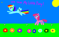 Size: 1920x1200 | Tagged: safe, artist:skylark64, pinkie pie, rainbow dash, earth pony, pegasus, pony, rabbit, g4, 1000 hours in ms paint, animal, best friends, critters, cute, dashabetes, diapinkes, duo, exclamation point, female, flower, flying, fun, fun fun fun, kid pix, love, mare, no nose, plant, rainbow dash can fly, smiling, stamp, sun, walking