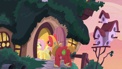 Size: 1920x1080 | Tagged: safe, anonymous artist, big macintosh, fluttershy, earth pony, pegasus, pony, castle sweet castle, g4, bedroom eyes, big backintosh, butt, date night, female, flutterbutt, fluttershy's cottage, grin, inviting, looking at each other, looking at someone, looking back, male, mare, plot, screencap background, ship:fluttermac, shipping, smiling, smiling at each other, spread wings, stallion, straight, sunset, wingboner, wings