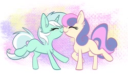 Size: 1949x1177 | Tagged: safe, artist:lbrcloud, bon bon, lyra heartstrings, sweetie drops, earth pony, pony, unicorn, g4, abstract background, blushing, canon ship, duo, eyes closed, female, lesbian, married couple, missing cutie mark, nose to nose, nuzzling, ship:lyrabon, shipping