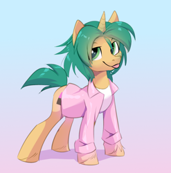 Size: 668x676 | Tagged: safe, artist:velvety, oc, oc only, oc:wata, pony, unicorn, clothes, gradient background, horn, jacket, looking at you, missing texture, shirt, solo, standing, t-shirt, tongue out