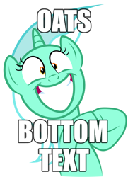 Size: 1200x1660 | Tagged: safe, artist:tardifice, edit, editor:pink amena, lyra heartstrings, pony, unicorn, g4, big grin, bottom text, caption, faic, female, food, grin, hooves together, image macro, irrational exuberance, meme, oats, shrunken pupils, simple background, smiling, solo, text, that pony sure does love oats, vector, white background