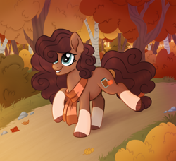Size: 1012x923 | Tagged: safe, artist:octoberumn, oc, oc only, oc:maple pumpkin, earth pony, pony, autumn, brown coat, brown mane, clothes, coat markings, curly hair, curly mane, eyeshadow, female, forest, forest background, full body, fully shaded, hoof polish, leaves, makeup, mare, scarf, shading, socks (coat markings), solo, striped scarf