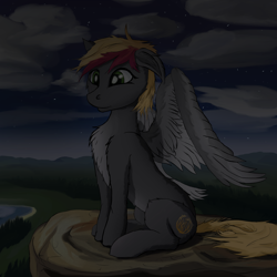 Size: 2650x2650 | Tagged: safe, artist:arisu-kun, oc, oc:tropical bliss, pegasus, pony, digital art, green eyes, high res, nature, night, sitting, solo