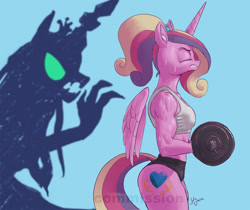 Size: 1890x1588 | Tagged: safe, artist:grissaecrim, princess cadance, queen chrysalis, alicorn, anthro, g4, athletic, clothes, eyes closed, female, floating wings, gritted teeth, muscles, muscular female, princess ca-dense, scrunchy face, shadow, shorts, slender, solo, sports bra, sports panties, sweat, teeth, thin, weight lifting, weights, wings, workout, workout outfit