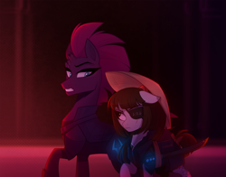 Size: 1022x800 | Tagged: safe, artist:thewandie, tempest shadow, oc, oc:ohasu, earth pony, pony, unicorn, g4, armor, asian conical hat, belt, broken horn, commission, duo, eye scar, eyepatch, facial scar, female, gritted teeth, hat, hoof shoes, horn, japanese, katana, looking at each other, looking at someone, mare, raised hoof, scar, size difference, sword, tattoo, teeth, weapon, ych result