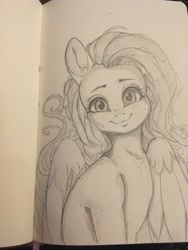 Size: 3024x4032 | Tagged: safe, artist:miokomata, fluttershy, pegasus, pony, g4, cute, female, freckles, freckleshy, grayscale, looking at you, mare, monochrome, pencil drawing, shyabetes, smiling, smiling at you, solo, traditional art