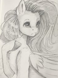 Size: 1536x2048 | Tagged: safe, artist:miokomata, fluttershy, pegasus, pony, g4, female, freckles, freckleshy, frown, grayscale, hoof on chest, mare, monochrome, pencil drawing, solo, traditional art