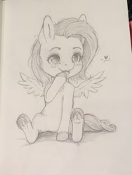 Size: 1536x2048 | Tagged: safe, artist:miokomata, fluttershy, pegasus, pony, g4, blushing, cute, female, filly, filly fluttershy, freckles, freckleshy, frog (hoof), grayscale, heart, monochrome, open mouth, open smile, pencil drawing, shyabetes, sitting, smiling, solo, traditional art, underhoof, younger