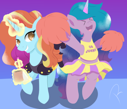 Size: 3580x3080 | Tagged: safe, artist:reinbou, izzy moonbow, sassy saddles, pony, unicorn, g4, g5, clothes, dress, high res, magic, simple background, telekinesis