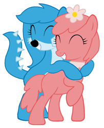 Size: 822x1011 | Tagged: safe, artist:sonypicturesstudios36, cat, cat pony, dracony, dragon, dryad, earth pony, hybrid, original species, pony, g4, base used, best friends, best friends forever, cat dragon, catdracony, dryad pony, duo, duo female, eyes closed, female, flower, flower bubble, flower bubble pony, flower in hair, foodee, foofa, girly girl, grin, hug, interspecies, lesbian, logo, mare, nick jr., non-mlp shipping, ponified, raised hoof, raised leg, rule 85, shipping, simple background, smiling, tomboy, toodee, white background, yo gabba gabba!