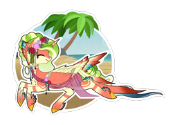 Size: 1600x1158 | Tagged: safe, artist:princess-of-the-nigh, oc, oc only, oc:gaya, original species, pony, beach, female, floral head wreath, flower, lying down, palm tree, prone, simple background, solo, transparent background, tree