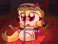 Size: 2048x1536 | Tagged: safe, artist:cushyhoof, pony, 4:3, blonde hair, blushing, cute, dark background, fangs, female, flandre scarlet, hat, mansion, mare, open mouth, ponified, solo, touhou, wingding eyes, wings