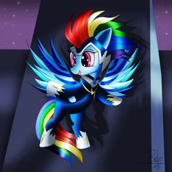 Size: 2400x2400 | Tagged: safe, artist:mrbrunoh1, rainbow dash, zapp, pegasus, pony, g4, eyebrows, flying, high res, maretropolis, night, open mouth, open smile, power ponies, signature, smiling, solo, spread wings, stars, superhero costume, wings