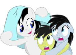 Size: 4000x2899 | Tagged: safe, artist:creedyboy124, oc, oc only, oc:chloe park, oc:sadie park, oc:shane park, pegasus, pony, g4, blanket, brother and sister, female, male, scared, siblings, simple background, transparent background