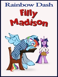 Size: 716x952 | Tagged: safe, artist:partyponypower, rainbow dash, twilight sparkle, pegasus, pony, unicorn, g4, billy madison, bipedal, clothes, hand on hip, movie poster, pun, reference, sitting