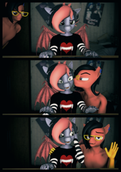 Size: 3111x4400 | Tagged: safe, artist:willitfit, oc, oc:benjamin terrance tover, oc:tristan sev, bat pony, earth pony, anthro, cheek kiss, clothes, comic, cute, gay, glasses, kissing, male, partial nudity, streaming, surprised, topless, waving