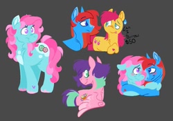 Size: 1089x762 | Tagged: safe, artist:partyponypower, coconut grove, flippity flop (g3), minty, waterfire, earth pony, pegasus, pony, g3, blushing, dialogue, female, gray background, hug, lesbian, pink hair, purple hair, red hair, redesign, ship:mintyfire, shipping, simple background, sweat, sweatdrop