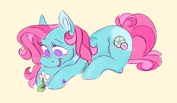 Size: 1285x745 | Tagged: safe, artist:partyponypower, minty, earth pony, pony, g3, cute, female, flower, happy, looking at something, lying down, mare, open mouth, open smile, pink hair, purple eyes, simple background, smiling