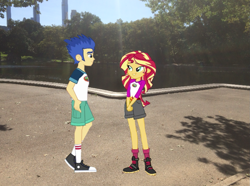Size: 1133x845 | Tagged: safe, artist:yungstuff, flash sentry, sunset shimmer, human, equestria girls, g4, camp everfree outfits, central park, clothes, converse, female, irl, male, new york city, photo, ship:flashimmer, shipping, shoes, shorts, smiling, straight