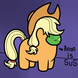 Size: 1000x1000 | Tagged: safe, artist:scandianon, applejack, earth pony, pony, g4, among us, dialogue, dock, female, implied anon, mare, meme, solo, sus (among us), tail