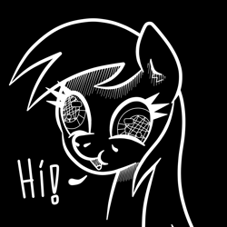 Size: 1000x1000 | Tagged: safe, artist:scandianon, derpy hooves, pegasus, pony, g4, black and white, bust, dialogue, female, grayscale, happy, mare, monochrome, simple background, smiling, solo, talking to viewer, wall eyed