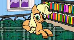 Size: 2200x1200 | Tagged: safe, artist:scandianon, applejack, earth pony, pony, g4, bed, blanket, bookshelf, female, hooves, indoors, looking down, lying down, mare, night, prone, solo, window