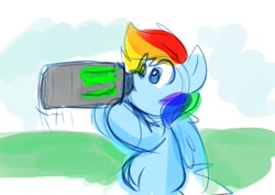 Size: 1099x778 | Tagged: safe, artist:zutcha, rainbow dash, pegasus, pony, g4, drink, drinking, energy drink, eye clipping through hair, female, hoof hold, mare, missing cutie mark, monster energy, soda can, solo