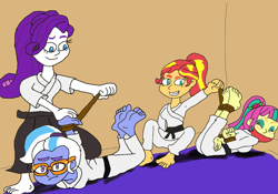 Size: 1280x896 | Tagged: safe, artist:artsytanooki, rarity, sour sweet, sugarcoat, sunset shimmer, human, equestria girls, g4, aikido, barefoot, bondage, bound and gagged, cloth gag, dougi, feet, gag, glasses, hogtied, hojojutsu, martial artist rarity, martial arts, tied up