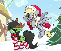 Size: 816x688 | Tagged: safe, alternate version, artist:muffinz, derpy hooves, oc, oc:filly anon, earth pony, pegasus, pony, g4, angry, animal costume, best pony, christmas, clothes, costume, cropped, cute, derpabetes, duo, female, filly, foal, hat, hearth's warming eve, holiday, jingle bells, madorable, question mark, reindeer costume, santa costume, santa hat, snow, socks, striped socks, unamused