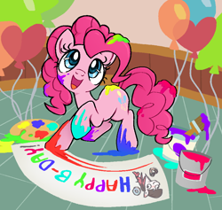 Size: 866x820 | Tagged: safe, artist:muffinz, pinkie pie, earth pony, pony, g4, balloon, birthday, heart, heart balloon, open mouth, open smile, paint, painting, pixel-crisp art, scene, smiling, solo