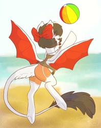 Size: 1280x1618 | Tagged: safe, oc, oc only, oc:rose bite, bat pony, pony, bat pony oc, beach, beach ball, blurry background, bow, clothes, hair bow, jewelry, looking at something, necklace, open mouth, open smile, outdoors, shirt, shorts, smiling, solo, spread wings, tail, tail hole, water, wing hole, wings