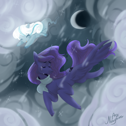 Size: 1000x1000 | Tagged: safe, artist:ariamidnighters, princess luna, oc, oc:snowdrop, alicorn, pegasus, pony, g4