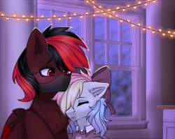 Size: 2047x1626 | Tagged: safe, artist:arllistar, oc, oc:blazey sketch, oc:lazr, pegasus, pony, bedroom, bow, clothes, duo, fairy lights, hair bow, long hair, mask, multicolored hair, night, pegasus oc, simple background, sleeping, sweater