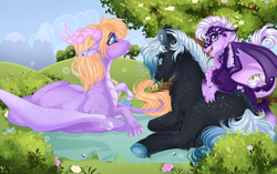 Size: 3500x2200 | Tagged: safe, artist:roselord, oc, oc only, oc:cole, oc:friesian, oc:kiya dentrun, bee, earth pony, insect, pegasus, pony, unicorn, blanket, bush, chest fluff, commission, day, ear fluff, family, female, flower, high res, mother and child, mountain, owner:cole, owner:friesian, owner:kiya dentrun, photo, ponysona, tree, ych result