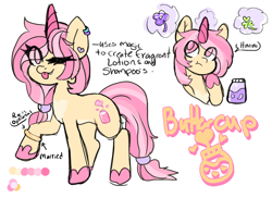 Size: 1428x1040 | Tagged: safe, oc, oc only, oc:buttercup, pony, unicorn, ;p, bracelet, clover, colored horn, ear piercing, earring, female, flower, horn, jar, jewelry, levitation, magic, magic aura, mare, notes, one eye closed, piercing, pink eyes, ponysona, raised hoof, reference sheet, simple background, solo, standing, telekinesis, text, thinking, tongue out, white background, wink