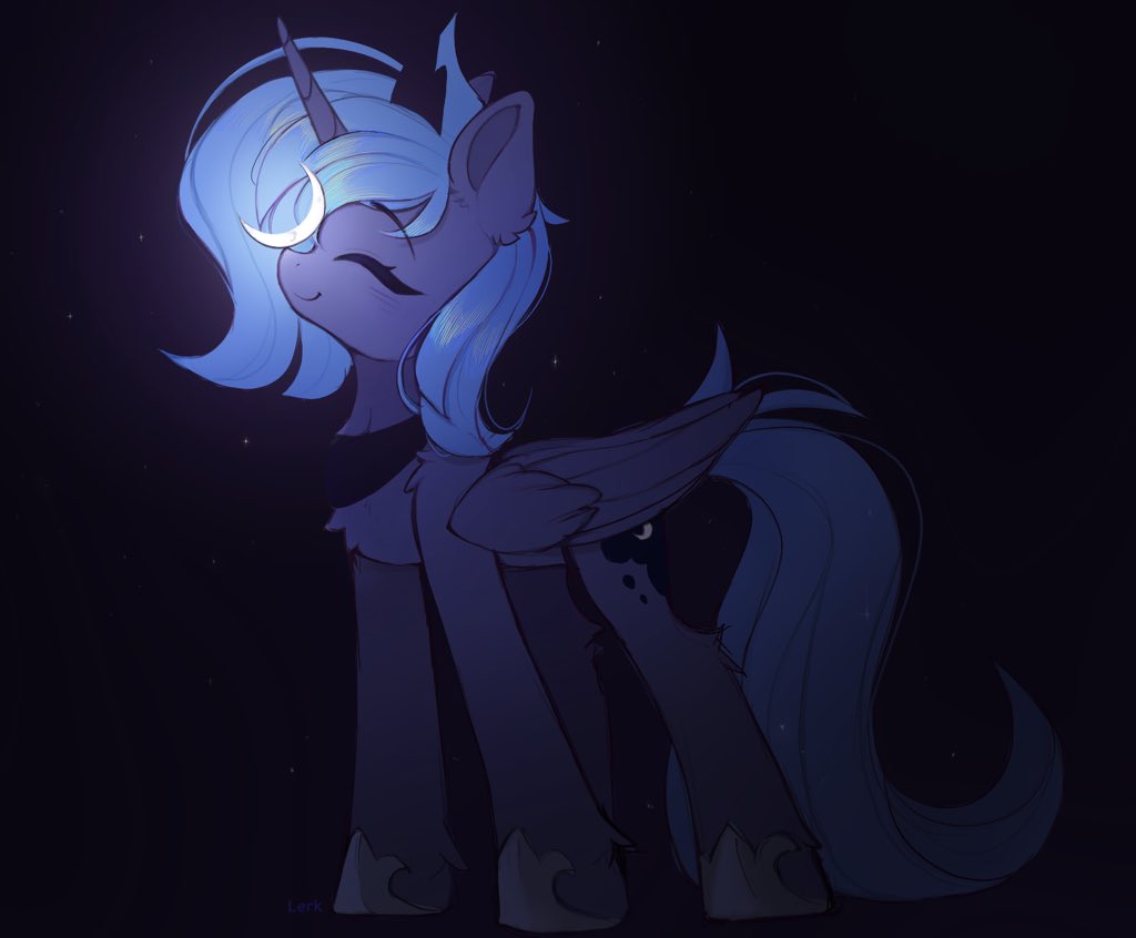 [alicorn,chest fluff,crescent moon,cute,eyebrows,eyes closed,female,horn,mare,moon,pony,princess luna,safe,solo,wings,balancing,tangible heavenly object,lunabetes,ponies balancing stuff on their nose,peytral,hoof shoes,smiling,folded wings,princess shoes,^^,leg fluff,eyebrows visible through hair,artist:lerkfruitbat]