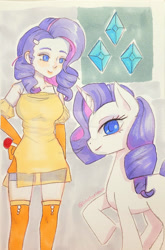 Size: 1920x2908 | Tagged: safe, artist:lilacloveheart, rarity, human, pony, unicorn, g4, clothes, dress, human ponidox, humanized, self paradox, self ponidox, smiling, solo, traditional art