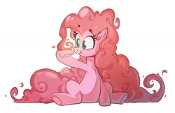 Size: 1280x829 | Tagged: safe, artist:gouwyak, pinkie pie, earth pony, pony, g4, blush sticker, blushing, cute, hair, impossibly long hair, simple background, sitting, solo, white background