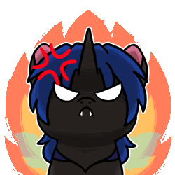 Size: 500x500 | Tagged: safe, artist:sugar morning, oc, oc only, oc:swift dawn, changeling, angry, animated, blue changeling, changeling oc, chibi, commission, cross-popping veins, emanata, emoji, eye clipping through hair, fangs, fire, frown, gif, horn, looking at you, male, simple background, solo, transparent background, wings, ych animation, ych result