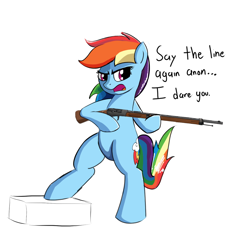 Size: 1138x1200 | Tagged: safe, artist:nonnyanon, rainbow dash, pegasus, pony, g4, bipedal, female, gun, implied anon, lebel 1886, mare, rifle, simple background, sketch, solo, text, weapon, white background