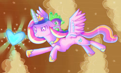 Size: 750x456 | Tagged: artist needed, source needed, safe, princess cadance, spike, alicorn, dragon, pony, g4, the crystal empire, concave belly, crystal heart, dragons riding ponies, duo, female, flying, heart, heart eyes, looking left, male, mare, riding, scene interpretation, wingding eyes